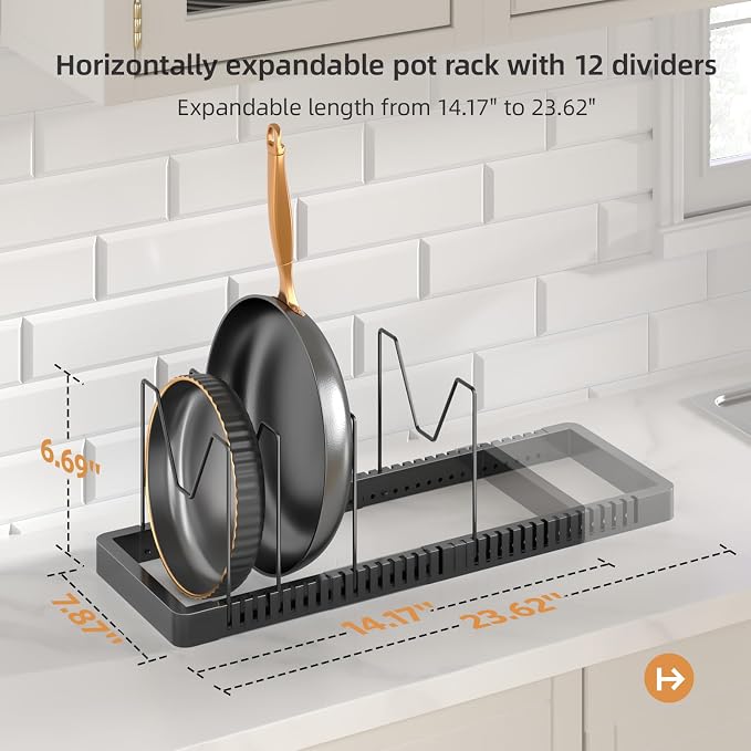 PanPanPal Pots and Pans Organizer under Cabinet, Expandable Pot Lid Organizer Holder with 12 Adjustable Compartment, Pan Organizers inside Cabinet for Lids, Bakeware, Kitchen Storage Pot Rack, Black
