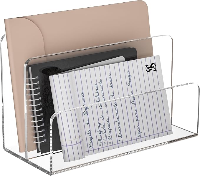 Sezanrpt Acrylic File Holder 2 Compartment, Clear Desk File Organizer, Office Magazine File Folder Organizer