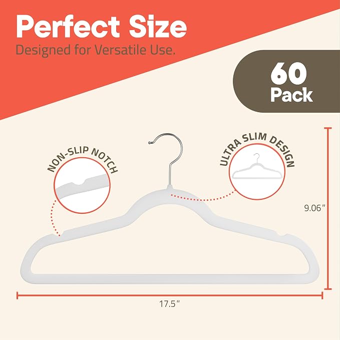White Velvet Hangers 60 Pack – 360° Swivel Hook, Non-Slip and Space Saving Hangers, Heavy-Duty 11 lbs Weight Capacity - Smooth Velvet Finish for Crease-Free Clothes and Effortless Closet Organization