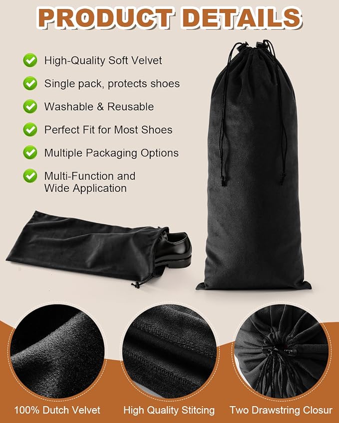 4 Pcs Single Shoe Bags for Travel, Velvet Bag, Black Beauty, 17.3x8.6 Inch | Washable & Reusable Travel Shoe Bags, Dustproof Shoe Bags with Drawstring Closure, Suitable for Travel, Home Storage