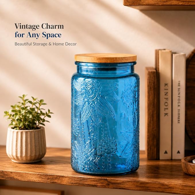 ANSQU 34oz Blue Glass Container, Candy Jar with Lid, Vintage Colored Mason Jars for Kitchen Decorative Jar for Coffee Tea Candy Cookies, Cute Jar (Blue, 1 Pack)