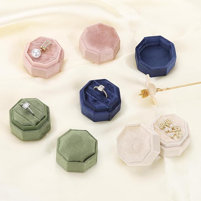 WantGor Velvet Ring Box, 3 Slots Jewelry Ring Gift Box Vintage Ring Holder | Ring Display Case for Wedding Ceremony Proposal Engagement (Navy Blue)