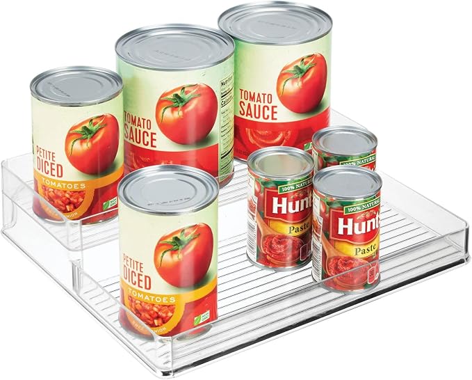 mDesign Plastic Kitchen Food Storage Organizer Shelves, Spice Rack Holder for Cabinet, Cupboard, Countertop, Pantry - Holds Jars, Baking Supplies, Canned Food - 2 Levels - 2 Pack - Clear