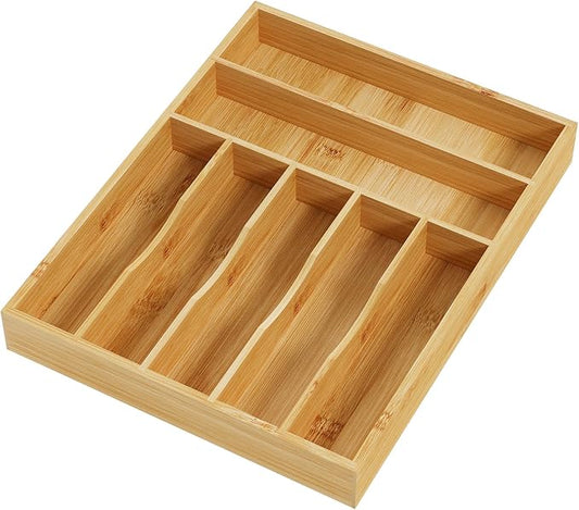 BAMEOS Bamboo Flatware Organizer 16.5×12.8 –Silverware Tray for Small Kitchen Drawers, 2" H Cutlery Holder | Forks, Spoons, Knives