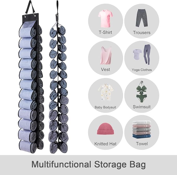 DHSFKBE Legging Organizer, Foldable Hanging Closet Organizer with 26 Roll Compartments for Yoga Clothes, Pants, Shirts (Black)
