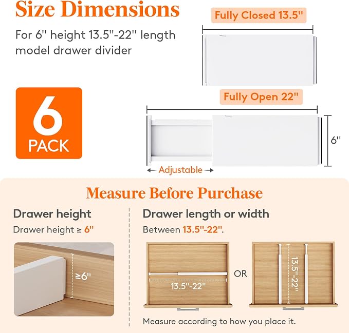 Lifewit 6 Pack 6" High Drawer Dividers 34-56cm/13.5-22" Adjustable Drawer Organizer for Clothes/Utensils, Expandable Drawer Separator in Dresser/Kitchen/Bedroom/Office Organization & Storage White