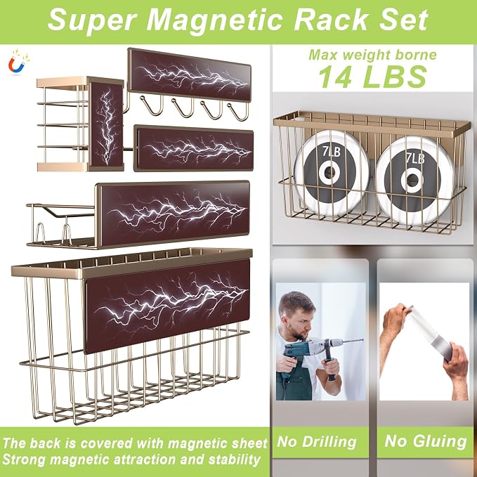Magnetic Spice Rack for Refrigerator, 7 Pack Magnetic Fridge Shelf for Kitchen Organization Storage, Moveable Spice Organizer W/Paper Towel Holder, Utensil Caddy, Cutting Board Rack (Brown)