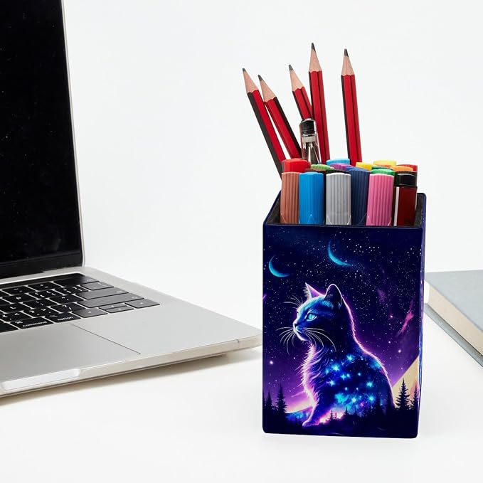Pen Holder for Desk, Fantasy Purple Starry Sky Cat Pencil Holder, Pen Cup Functional Desk Organizer for Office Supplies