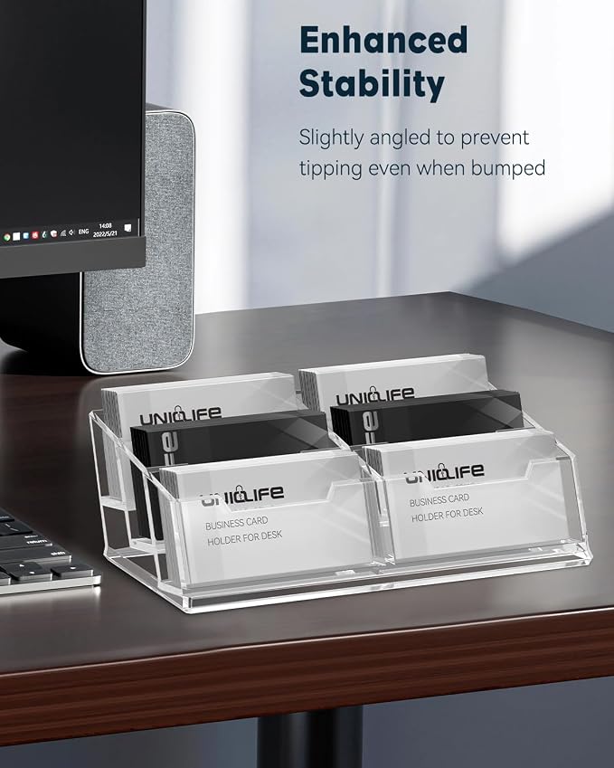 Uniclife Clear Acrylic Business Card Display Stand for Desk 6 Slots Business Card Holder for Men & Women Desktop Business Card Organizer 360 Card Capacity Card Stand for Office Home Exhibition