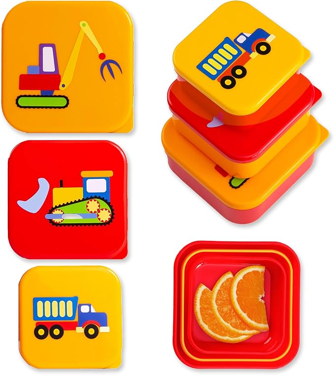 Wildkin Set of 3 Kids Nesting Food Containers for Boys – Stackable, Airtight & BPA-Free Snack Containers, Dishwasher Safe Lunch Box Containers for School & Travel, Ages 3–12 – Under Construction