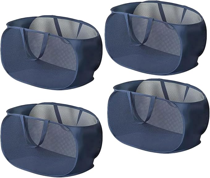 4 Piece Popup Mesh Laundry Basket Durable Handles Collapsible Laundry Baskets Folding Clothes Pastic Hamper for Laundry Room College Dorm (Navy Blue)