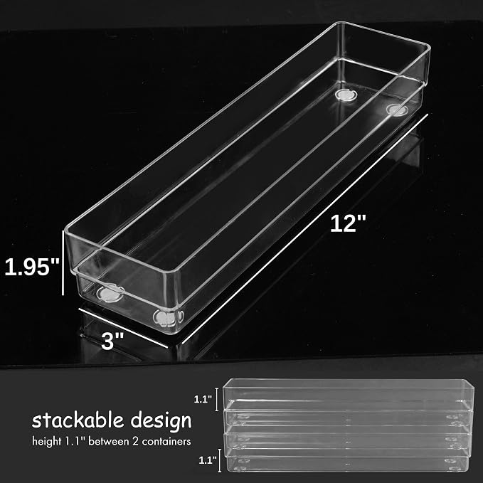 LotFancy Clear Drawer Organizers, 12” x 3” x 2”, Set of 3, Drawer Organizer Trays for Desk, Plastic Storage Bins for Bathroom, Makeup, Utensils, Stackable