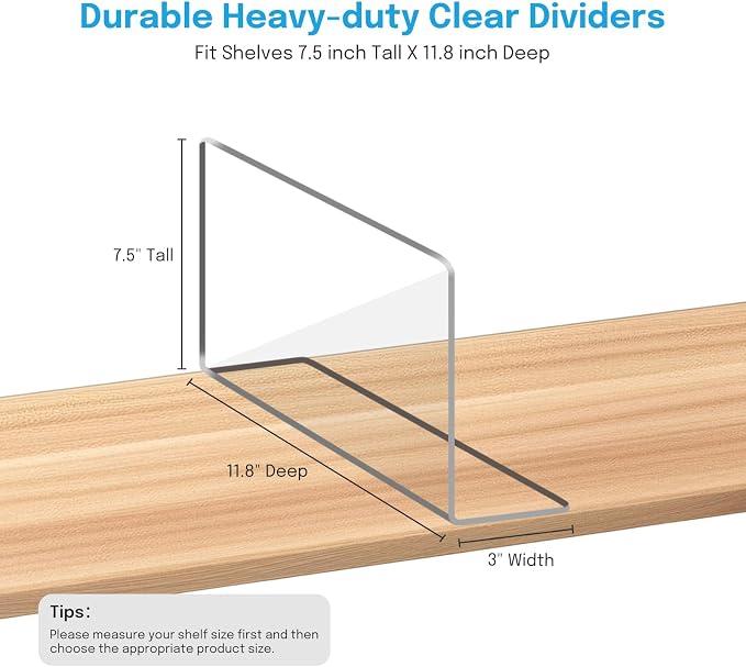 OKPOW Shelf Dividers Closet Organizer - 7.5" Tall X 11.8" Deep Acrylic Clear Sturdy Separate for Clothes Purse - Adjustable Space Saver Easy Install for Home Organization Enthusiasts 4 Pack