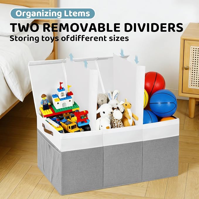Extra Large Foldable Toy Chest with Lid,Collapsible Kids Toy Storage Box Organizer,Large Fabric Storage Bin for Nursery Playroom Bedroom Living Room,40”x18”x14”,White & Grey
