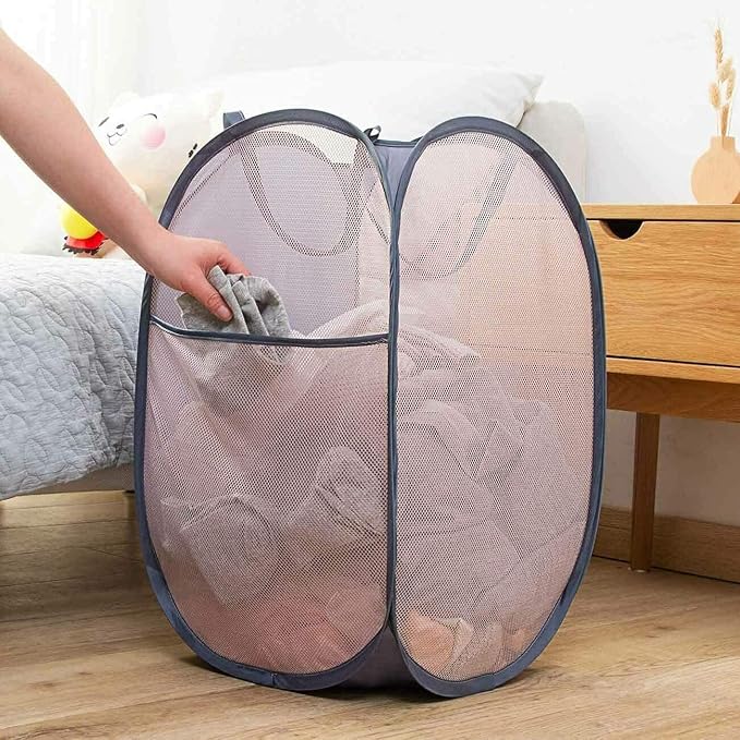 2 Pack Mesh Laundry Hampers, Pop Up Laundry Baskets, Collapsible Clothes Storage Bins for Bedroom, Dormitory, Apartment, Grey+ Navy Blue