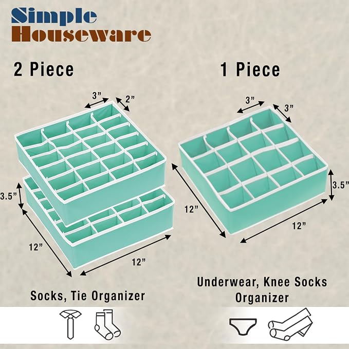 Simple Houseware Sock Drawer Organizer for Dresser/Closet/Bedroom, 3 Pack, Turquoise