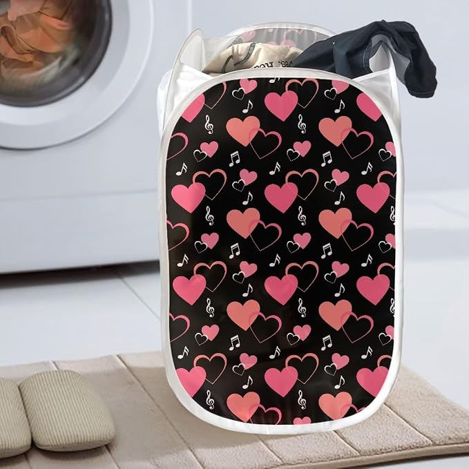 AFPANQZ Laundry Hamper Portable Collapsible for Storage and Easy to Open, Love Heart Music Folding Pop-Up Clothes Hampers Nursery Baskets for College Dorm Hotel Home or Travel 61L