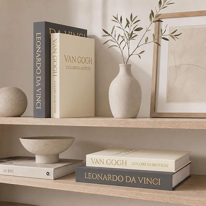MAOBUYOU Decorative Storage Books Set of 2, Linen Cover, Gold Letters, Beige and Dark gray