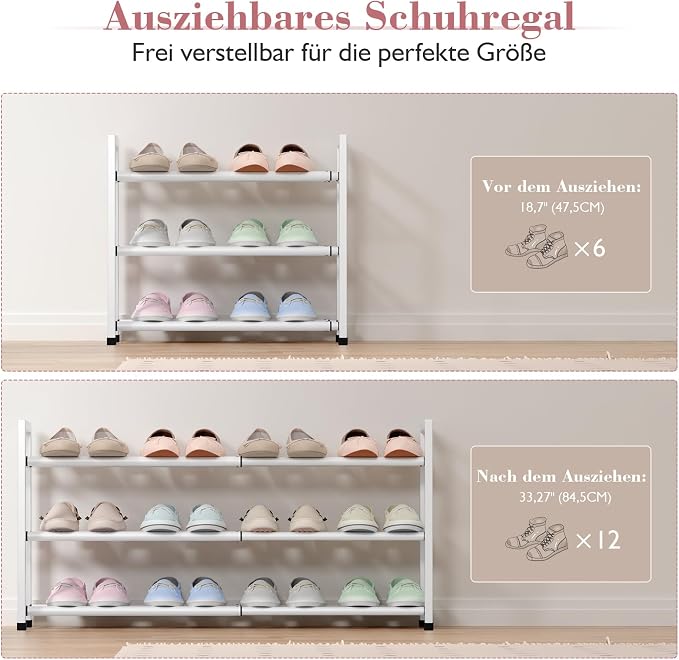 Bumusty 3-Tier Expandable Shoe Rack for Closet, 18“-33” Adjustable Shoe Rack for Small Space, Small Shoe Organizer for Front Door, Sturdy Metal, White