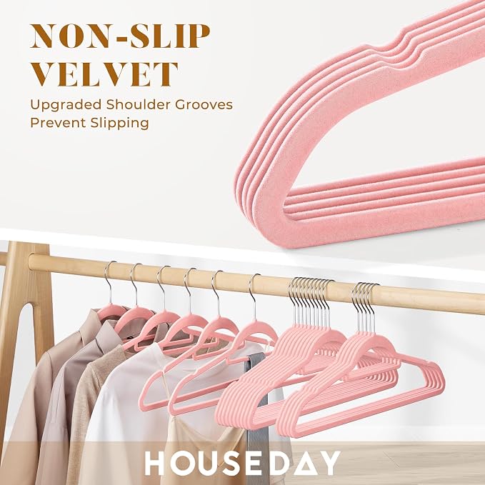 HOUSE DAY Premium Velvet Hangers 20 Pack, Non-Slip Hangers with Tie Bar | Elegance Pink Standard Clothes Hanger Slim Felt Hanger with 360° Swivel Hook for Closet Organized Storage，72g/Pc