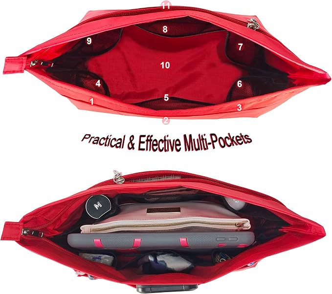 Handbag Tote Purse Organizer Insert, Large, Red | Bag Divider Liner Shaper Separator in Bag with Zipper, 11 Pockets Compartments