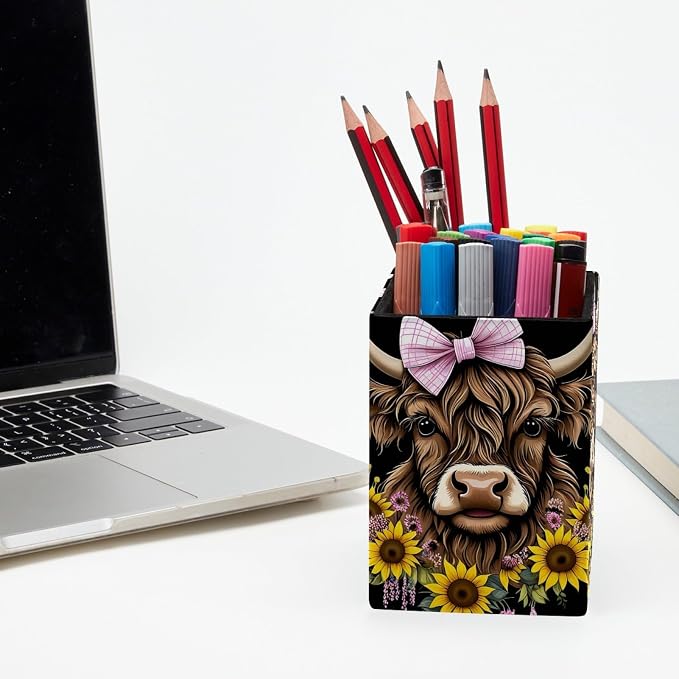 Pen Holder for Desk, Highland Cow Sunflower Pencil Holder, Pen Cup Functional Desk Organizer for Office Supplies