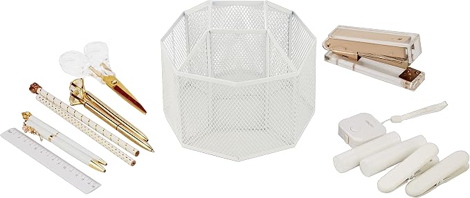 Annova Mesh Desk Organizer Rotate with 5 Compartments Spinning Tidy Candy/Pen Holder Office, Art Supply, Storage, Classroom, Home (White)