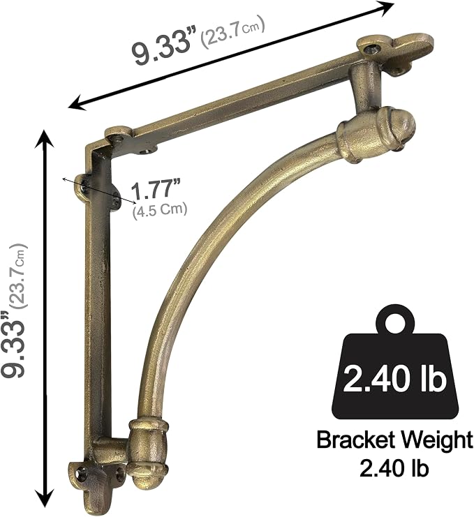 NACH Decorative Shelf Brackets, 2 Pack of 9.6 x 1.7 x 9.6 inch Gold Brackets - Cast Iron Shelf Brackets for Mounting - Industrial Style Decorative Brackets