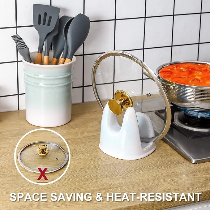 Nihow Ceramic Pot Lid Holder While Cooking for Kitchen Counter/Stove Top | Catch Water & Oil Drips,Stable & Secure,Heat Resistant,Easy to Clean & Dishwasher Safe,Space-Saving,Multi-Purpose Holder