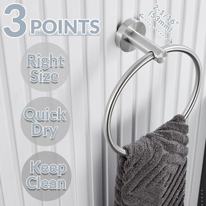 APLusee Bathroom Towel Ring Brushed Nickel, 304 Stainless Steel Hand Towel Holder for Bathroom Kitchen, Single Round Swivel Hanger, Wall Mounted