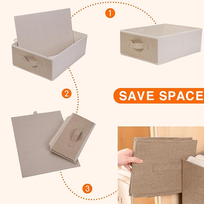 JAKAGO Fabric Storage Bins set of 4 Rectangle Storage Baskets with Handle Foldable Closet Organizer for Clothes Towel bedding Books Collapsible Clothing Container for Shelves Bedroom(Beige Low)