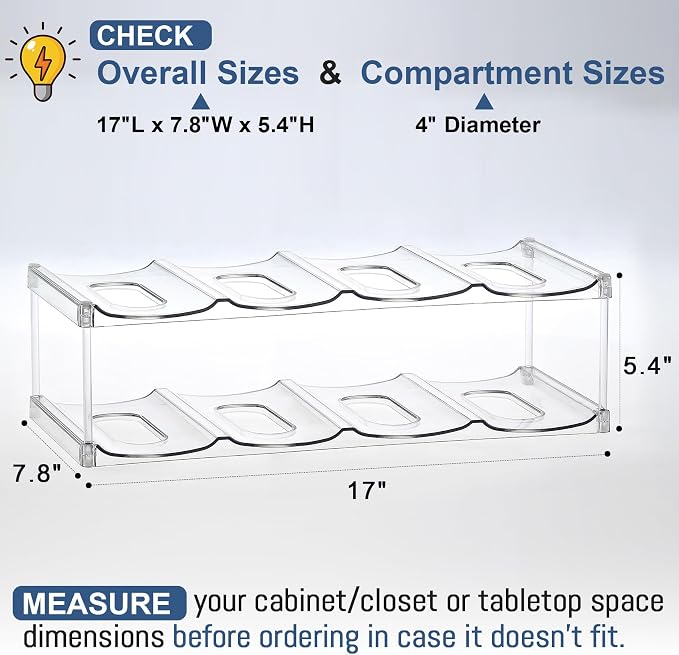 LARGER Compartment - 2 Tier Stackable Water Bottle Organizer Holder - for Stanley 40oz & Others' Large Tumbler - Clear Wine Rack, 8 Cup Bottle Holder for Cabinet Home Countertop Fridge Pantry Shelf