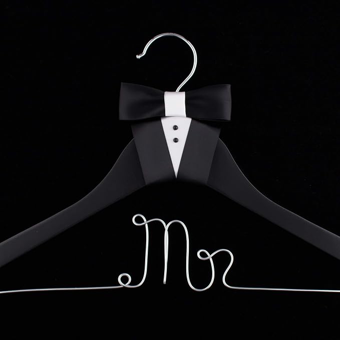 Ella Celebration Mr Wedding Groom Hanger Black Wooden and Silver Wire for Tuxedo or Suit, Hangers for Grooms and Weddings (Mr)