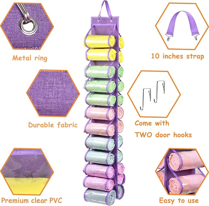 Legging Storage Bag Storage Hanger Can Holds 24 Leggings or Shirts Jeans Compartment Storage Hanger, Foldable Leggings Organizer Clothes Portable Closets Roll Holder (Purple)