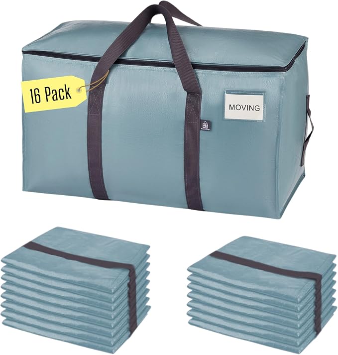 VENO 16 Pack Heavy Duty Moving Bags, 90L Extra Large Moving Boxes Alternative, 50lbs Load,Wraparound Handles,Zippers & Tag,Packing Supplies for College Dorm Essentials, Clothes Storage(Light Blue)