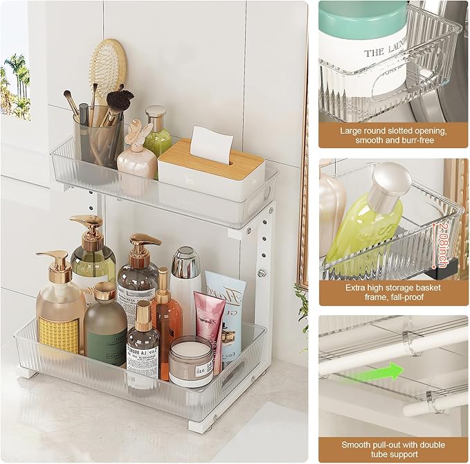 ETOYA 2 Pack Under Sink Organizer Kitchen, 2-Tier Pull Out Cabinet Organizer, L-Shaped Adjustable Height, Acrylic Under Sink Storage Shelf for Kitchen, Bathroom Vanity & Utility Closet