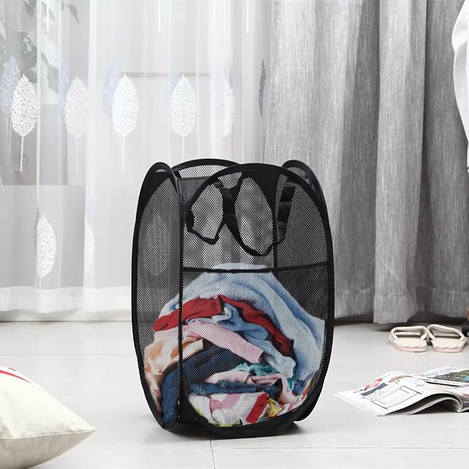 Mesh Pop up Laundry Hamper with Portable Durable Handles, Black Laundry Basket for Storage, Folding Collapsible Pop-Up Clothes Hampers for Home, College Dorm or Travel, Cruise, Black