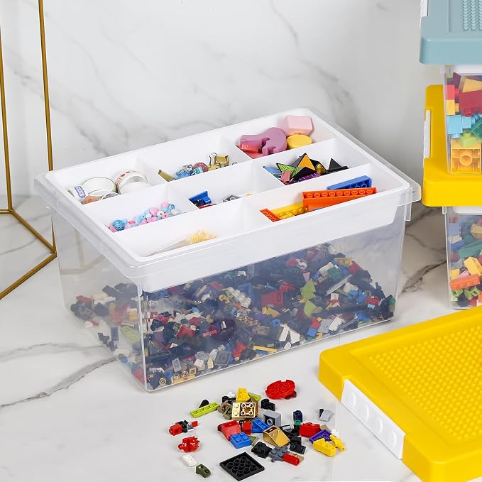 Plastic Storage Bins with Lids - 1 Set Stackable Arts Crafts Organizer Box with Removable Divided Tray &Compatible Building Baseplate,Toy Chest Containers for Bricks-Yellow(14.37"x9.64"x6.69")