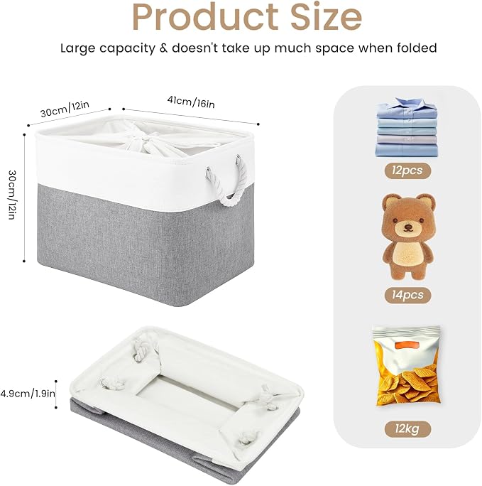 Large Storage Baskets- 16x12x12 inch Storage Bins for Shelves and Closet Organizing, Foldable Fabric Bin for Home Organization Clothes and Laundry (1-Pack, White&Gray)