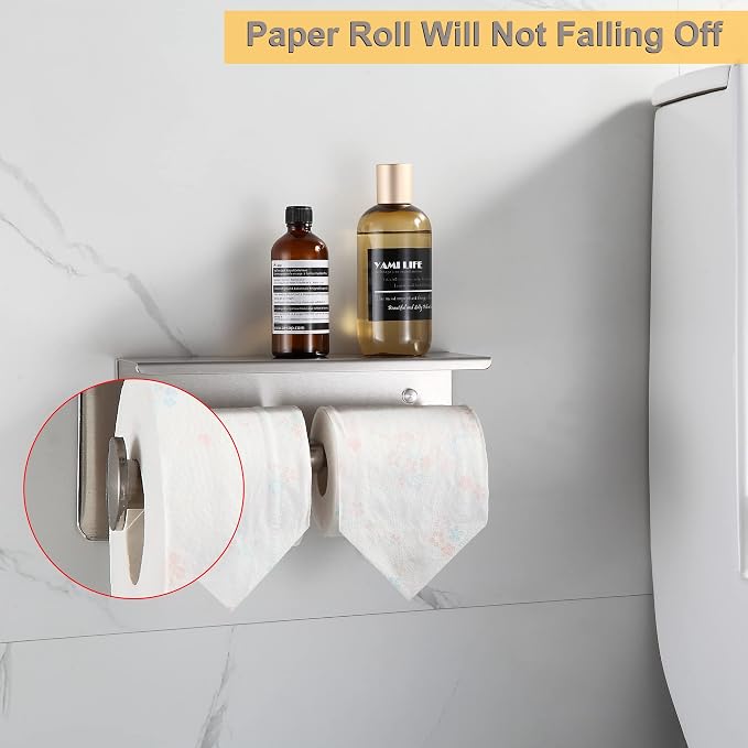 BGL Toilet Paper Holder with Shelf Brushed Nickel Double Head Toilet Tissue Roll Holder 304 Stainless Steel Wall Mount for Bathroom