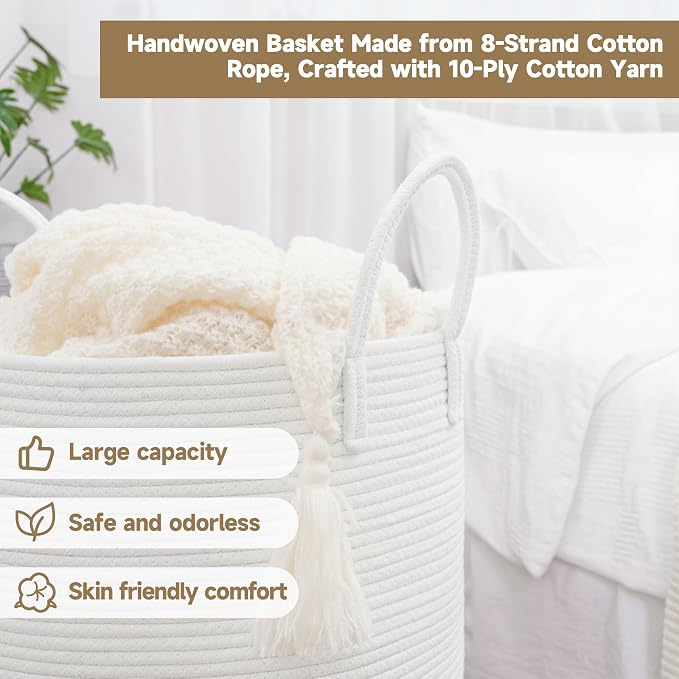 CLHMILY&Z Laundry Hamper Round Storage Rope Basket (White, 60L)