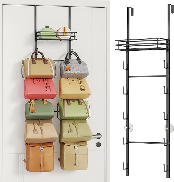 HapiRm Over The Door Purse Organizer - Wall Mounted Purse Rack with 10 Hooks and Metal Basket, Hanging Handbag Organizer Holds up to 10 Bags, Bag Rack Can Use As 1/2 Part, for Door, Closet (Black)