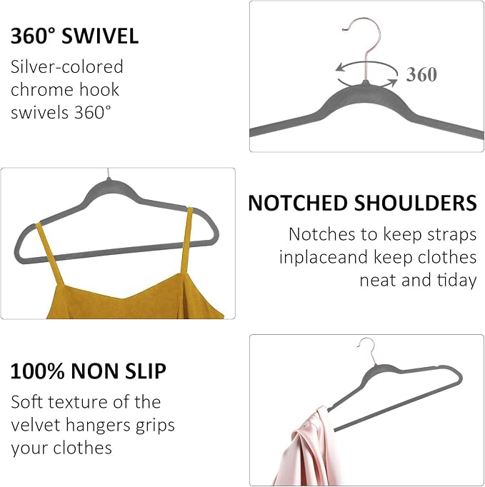 VECELO Premium Velvet Clothes Hangers Suit Heavy Duty (50 Pack)-Non Slip & Space-Saving with 6 Finger Clips & Tie Rack Excellent for Men and Women,Gray