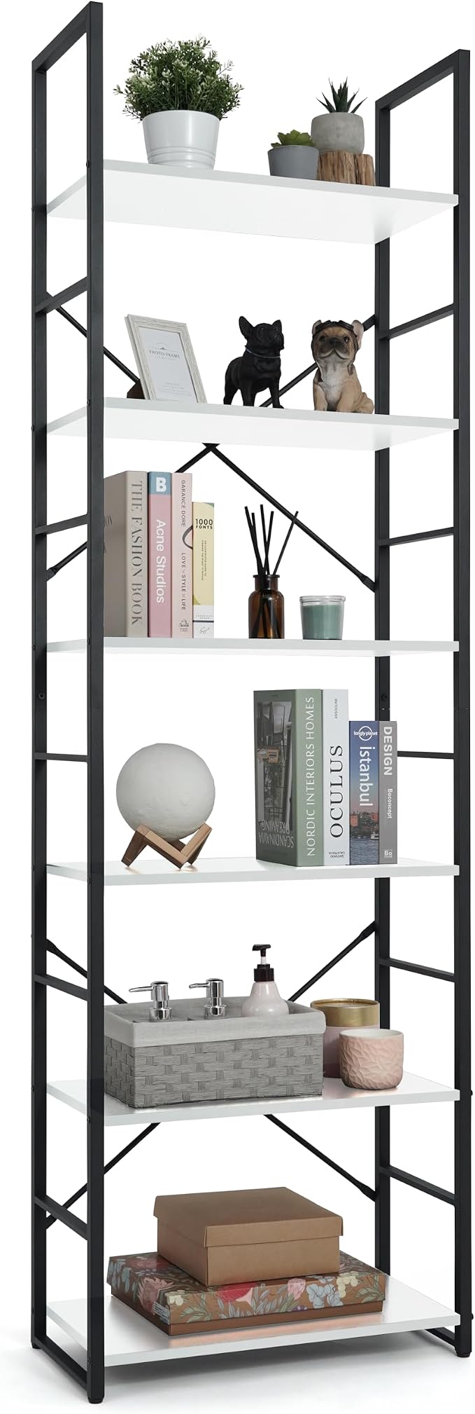CAPHAUS 6 Tier Bookshelf, 24 Inch Width Free Standing Shelf, Bookcase Shelf Storage Organizer, Industrial Book Shelves for Home Office, Living Room, Kitchen, White Shelves & Metal Frame