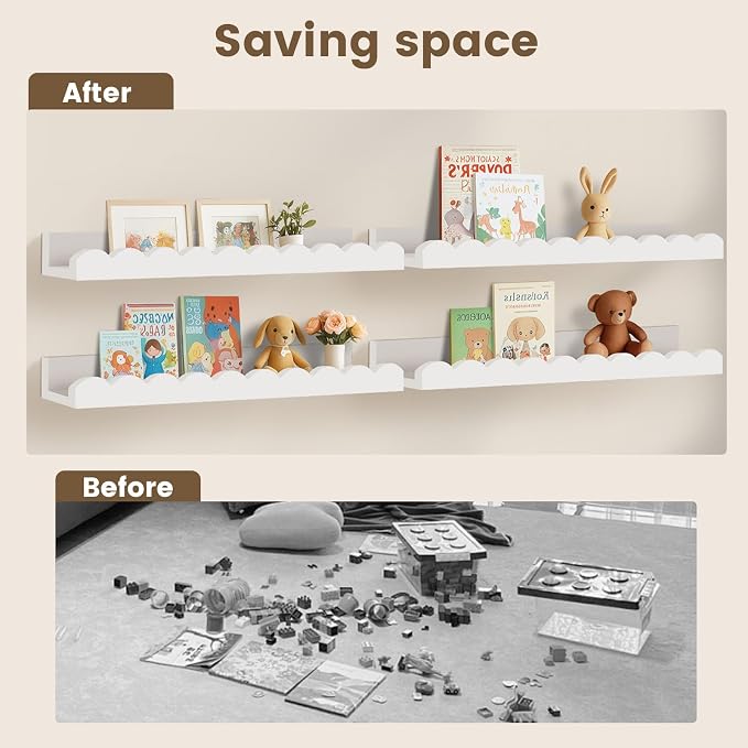 4-Pack Scalloped Shelves, Nursery Shelves for Wall, Floating Nursery Book Shelves for Kids, White