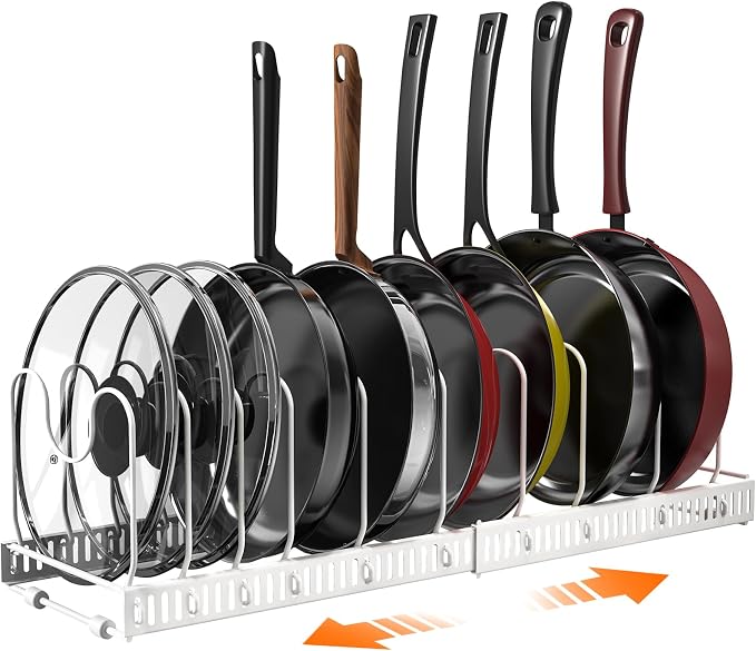 Puricon Pots and Pans Organizer Under Cabinet, Expandable Pot Rack with 10 Dividers, Lid Organizers Inside Cabinet, Cutting Board/Cookware/Bakeware/Baking Storage Holder for Kitchen -White