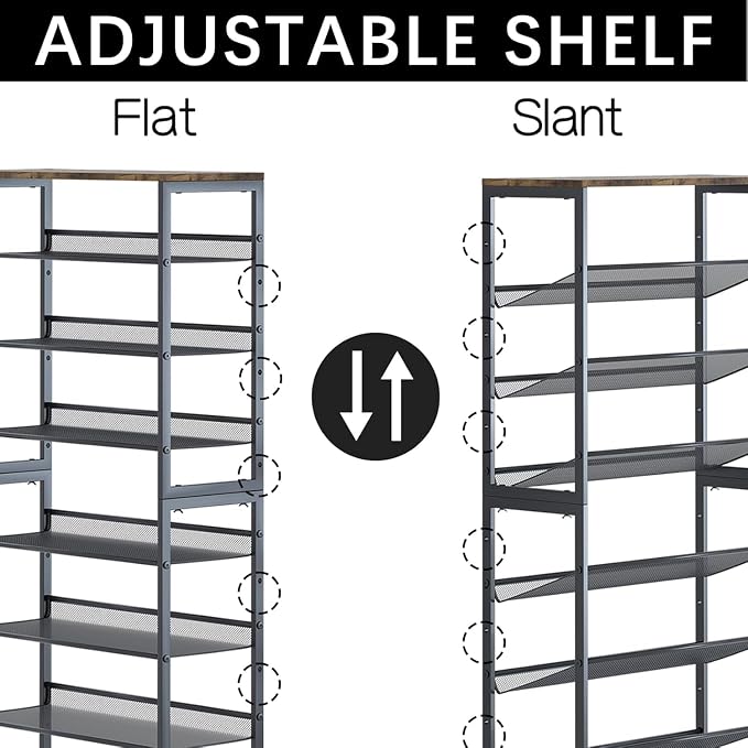Garden 4 you Shoe Rack for Entryway 7 Tiers 11.8" D x 29" W x 52" H, Metal Shoe Rocks with Brown Wooden Tabletop, Angled Shoes Rack with Adjustable Mesh Shelves for Entryway Hallway Closet