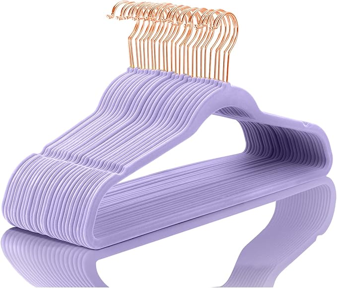 MIZGI Premium Velvet Hangers (60 Pack) Heavy Duty - Non Slip Felt Hangers - Velvet Suit Hangers Light Purple - Rose Gold Hooks,Space Saving Clothes Hangers