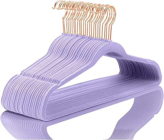 MIZGI Premium Velvet Hangers (60 Pack) Heavy Duty - Non Slip Felt Hangers - Velvet Suit Hangers Light Purple - Rose Gold Hooks,Space Saving Clothes Hangers