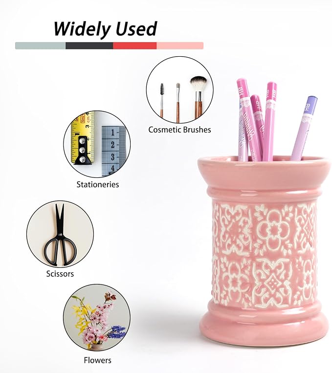 Printed Pencil Holder, Cute Pen Holder for Desk, Ceramic Carved Cylinder Pencil Holder, Office Decoration Container Islamic Style(Pink)